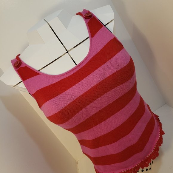 2/$30 Designer Tulle Button Tank Top Pink Striped - Picture 6 of 11